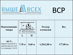 Выше Всех | Вышка-Тура ВСР-4 1,2x2,0 м, 9,60 м рабочая высота