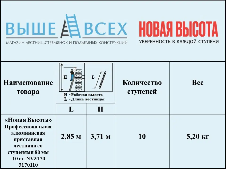 Выше Всех | «Новая Высота» 10 ст. 3211110 Профессиональная алюминиевая приставная лестница со ступенями 80 мм NV3211