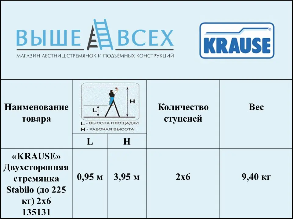Выше Всех | «KRAUSE» Stabilo 2х6 Двухсторонняя стремянка (до 225 кг) 135131