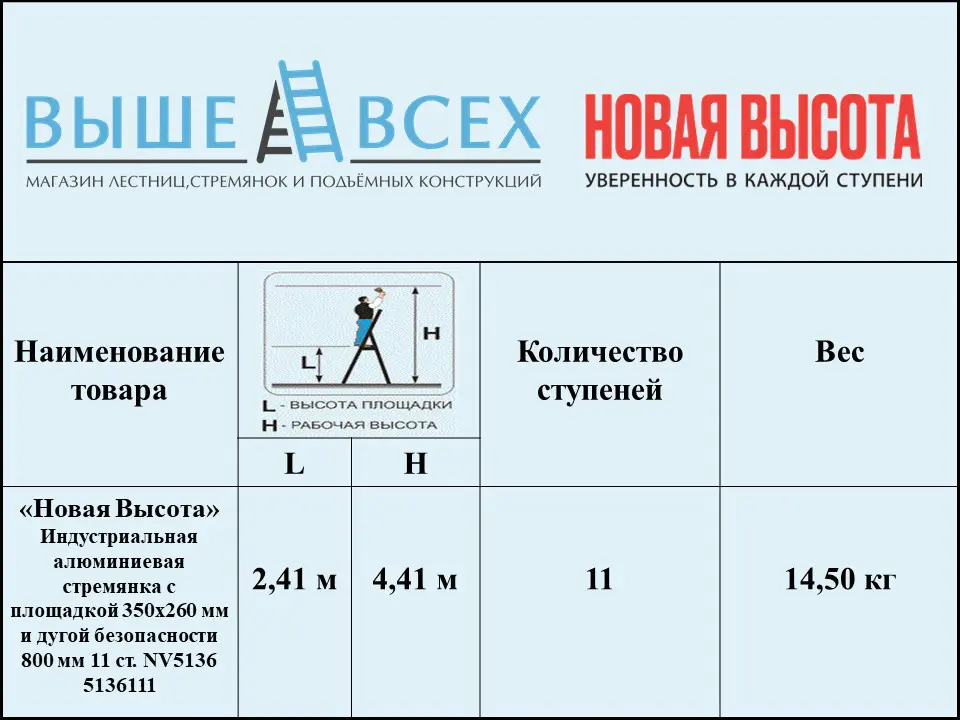 Выше Всех | «Новая Высота» 11 ст. 3139111 Индустриальная алюминиевая стремянка с площадкой 350×260 мм и дугой безопасности 800 мм NV3139