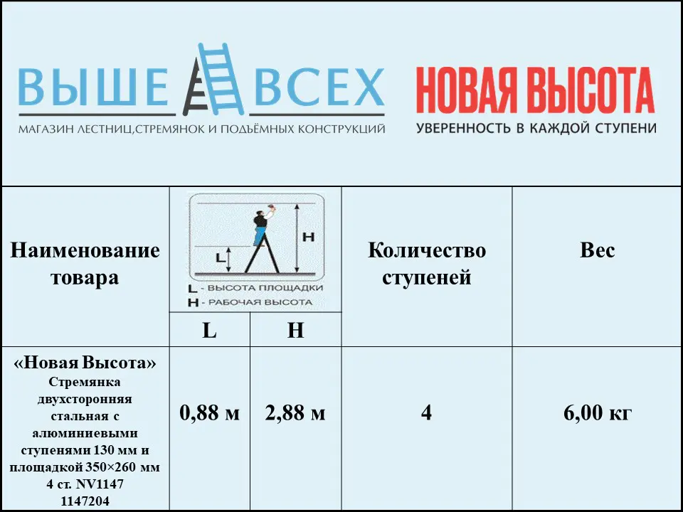 Выше Всех | «Новая Высота» 4 ст. 1147204 Стремянка двухсторонняя стальная с алюминиевыми ступенями 130 мм и площадкой 350×260 мм NV1147