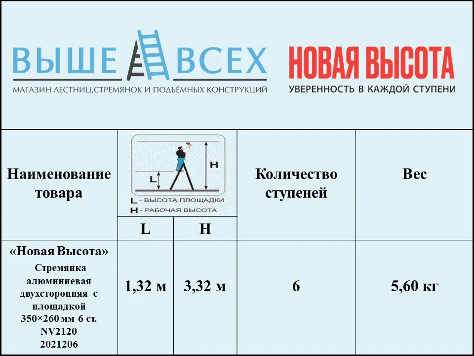 Выше Всех | «Новая Высота» 6 ст. 2120206 Стремянка алюминиевая двухсторонняя с площадкой 350×260 мм NV2120 Выше Всех | «Новая Высота» 6 ст. 2120206 Стремянка алюминиевая двухсторонняя с площадкой 350×260 мм NV2120