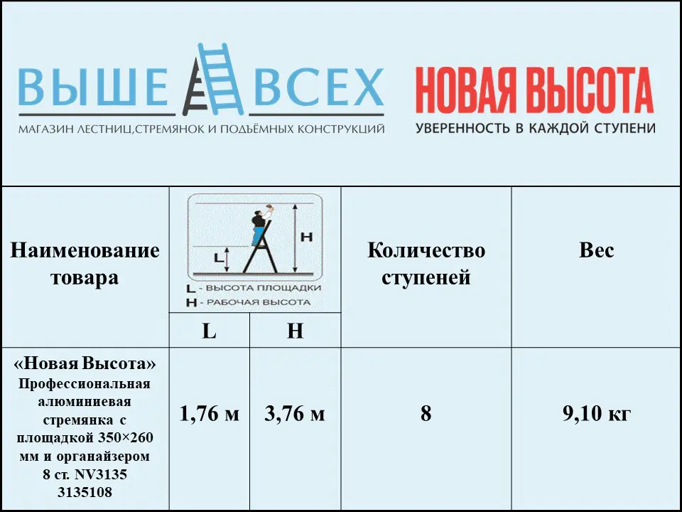 Выше Всех | «Новая Высота» 8 ст. 3135108 Профессиональная алюминиевая стремянка с площадкой 350×260 мм и органайзером NV3135