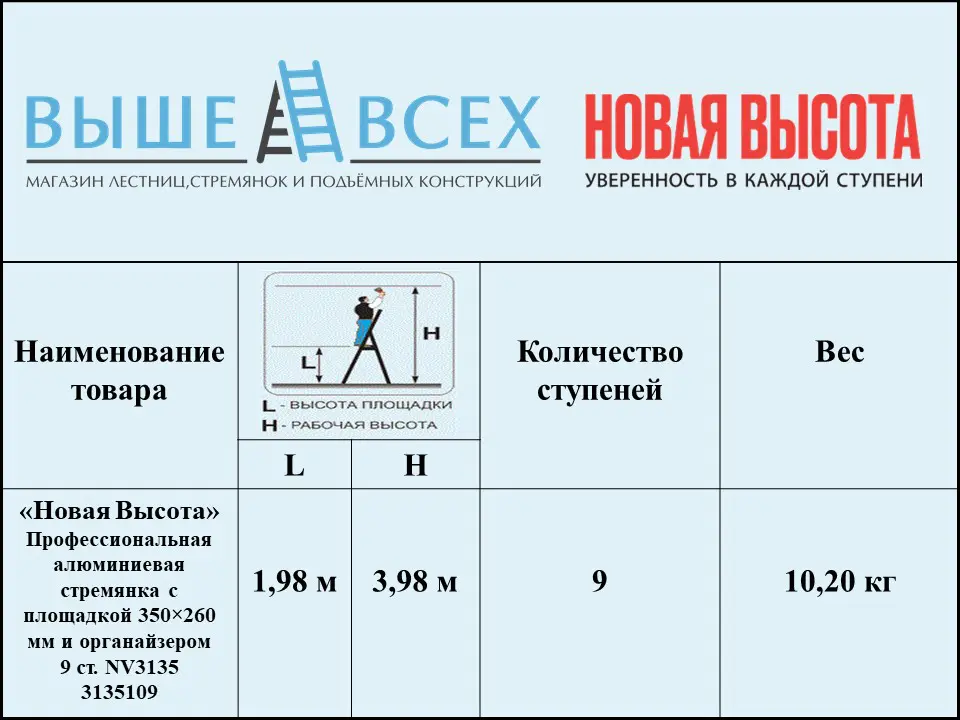 Выше Всех | «Новая Высота» 9 ст. 3135109 Профессиональная алюминиевая стремянка с площадкой 350×260 мм и органайзером NV3135