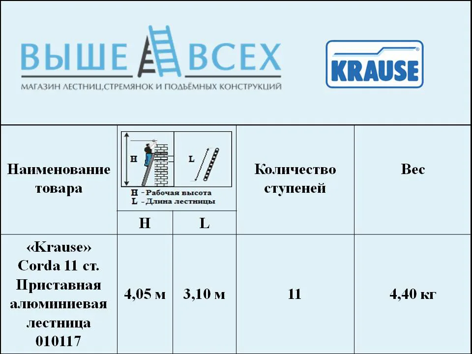 Выше Всех | «Krause» Corda 11 ст. Приставная алюминиевая лестница 010117 Выше Всех | «Krause» Corda 11 ст. Приставная алюминиевая лестница 010117
