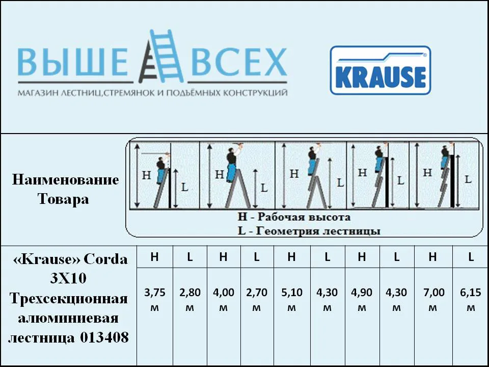 Выше Всех | «Krause» Corda 3X10 С доп. функцией трехсекционная алюминиевая лестница 013408