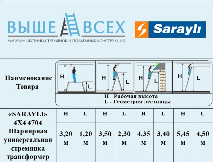 Выше Всех | «SARAYLI» 4X4 4704 Шарнирная универсальная стремянка-трансформер
