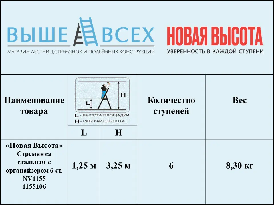 Выше Всех | «Новая Высота» 6 ст. 1155106 Стремянка стальная с органайзером NV1155 Р