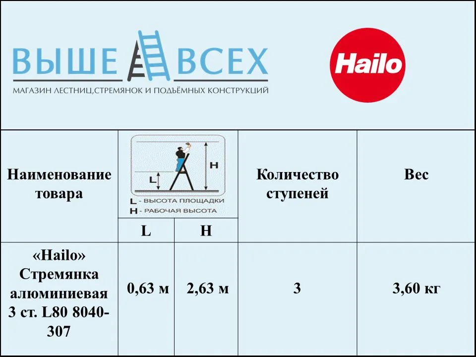 Выше Всех | «Hailo» L80 3 ст. Стремянка алюминиевая 8040-307 Выше Всех | «Hailo» L80 3 ст. Стремянка алюминиевая 8040-307