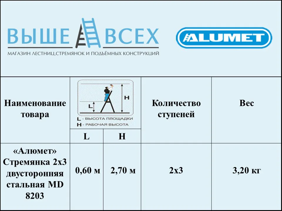 Выше Всех | «Алюмет» Стремянка 2х3 двусторонняя стальная MD 8203 Выше Всех | «Алюмет» Стремянка 2х3 двусторонняя стальная MD 8203
