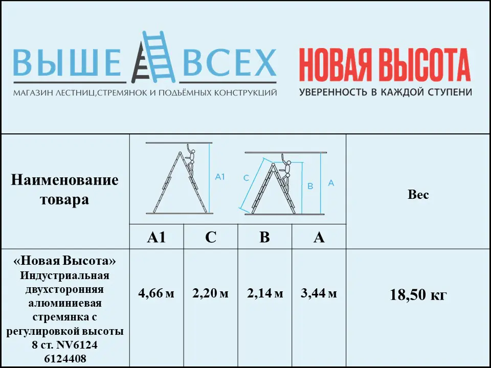 Выше Всех | «Новая Высота» 2х8 6124408 Индустриальная двухсторонняя алюминиевая стремянка с регулировкой высоты NV6124 Выше Всех | «Новая Высота» 2х8 6124408 Индустриальная двухсторонняя алюминиевая стремянка с регулировкой высоты NV6124