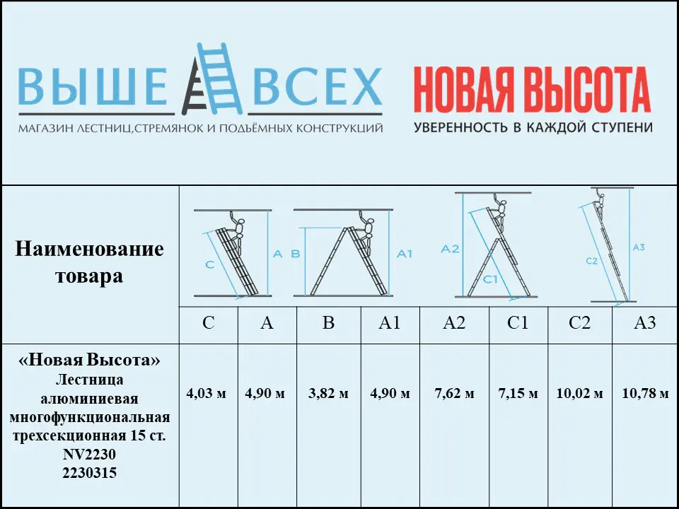 Выше Всех | «Новая Высота» 3х15 2230315 Лестница алюминиевая многофункциональная трехсекционная NV2230 Выше Всех | «Новая Высота» 3х15 2230315 Лестница алюминиевая многофункциональная трехсекционная NV2230