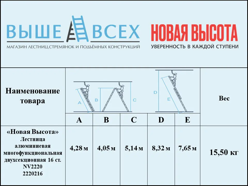 Выше Всех | «Новая Высота» 2х16 2220216 Лестница алюминиевая многофункциональная двухсекционная NV2220 Выше Всех | «Новая Высота» 2х16 2220216 Лестница алюминиевая многофункциональная двухсекционная NV2220