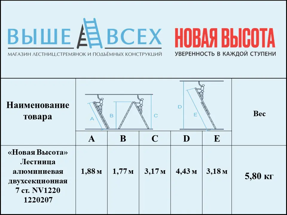 Выше Всех | «Новая Высота» 2х7 1220207 Лестница алюминиевая двухсекционная NV1220
