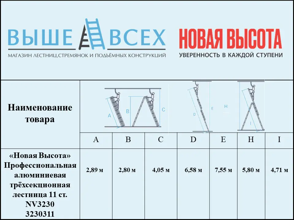 Выше Всех | «Новая Высота» 3х11 3230311 Профессиональная алюминиевая трёхсекционная лестница NV3230