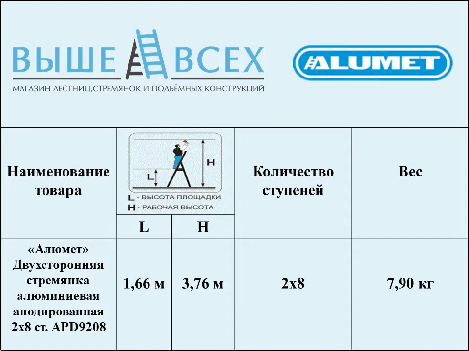 Выше Всех | «Алюмет» 2х8 APD9208 Стремянка Двухсторонняя алюминиевая анодированная Выше Всех | «Алюмет» 2х8 APD9208 Стремянка Двухсторонняя алюминиевая анодированная