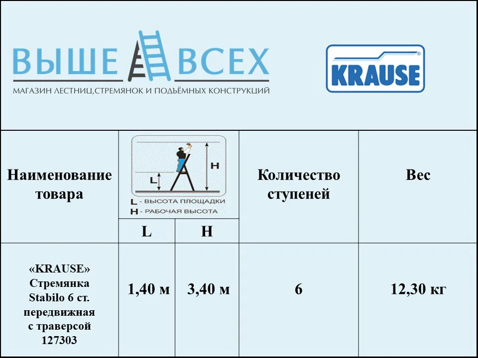 Выше Всех | «KRAUSE» Стремянка Stabilo 6 ст. передвижная с траверсой 127303
