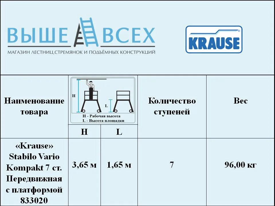 Выше Всех | «Krause» Stabilo Vario Kompakt 7 ст. Передвижная односторонняя алюминиевая лестница с платформой 833020