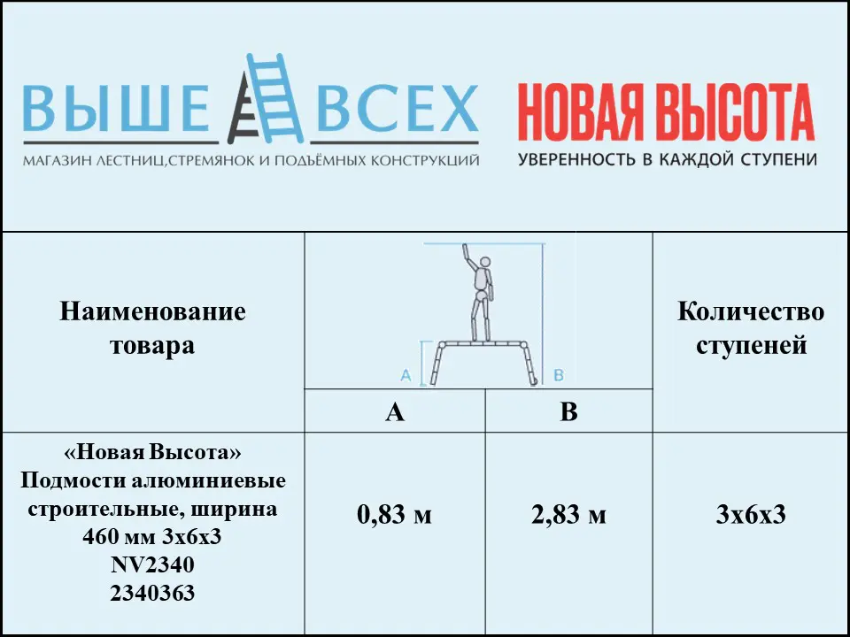 Выше Всех | «Новая Высота» 3х6х3 Подмости алюминиевые строительные, ширина 460 мм NV2340 Выше Всех | «Новая Высота» 3х6х3 Подмости алюминиевые строительные, ширина 460 мм NV2340